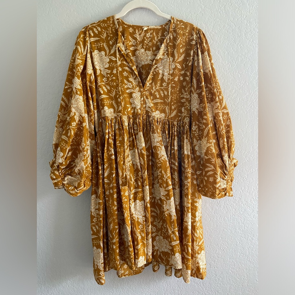 Golden Floral Mini Dress Small 100% Cotton